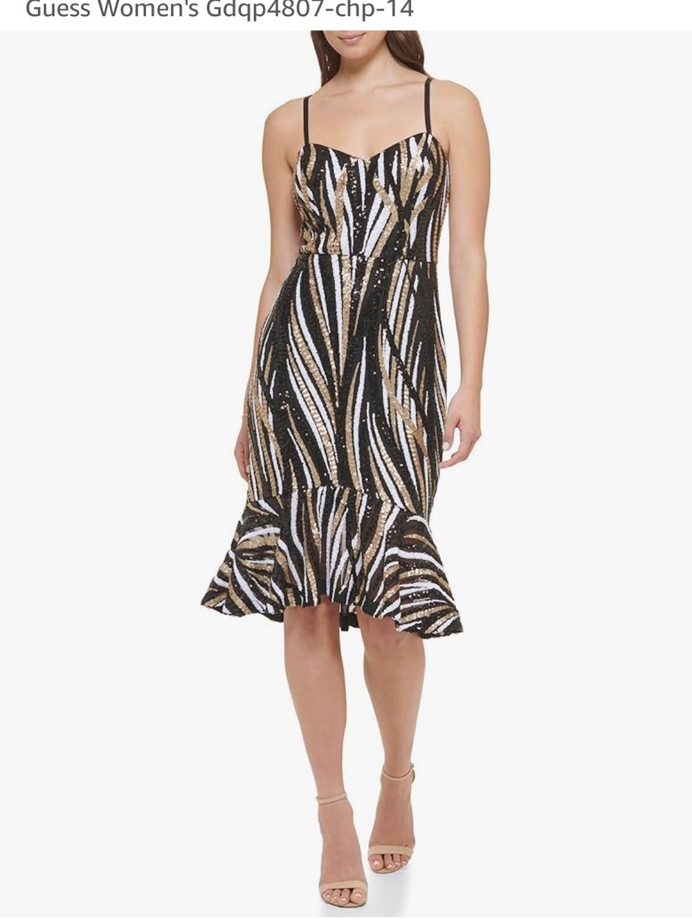Guess Black, Gold & White Sequin Striped Midi Dress